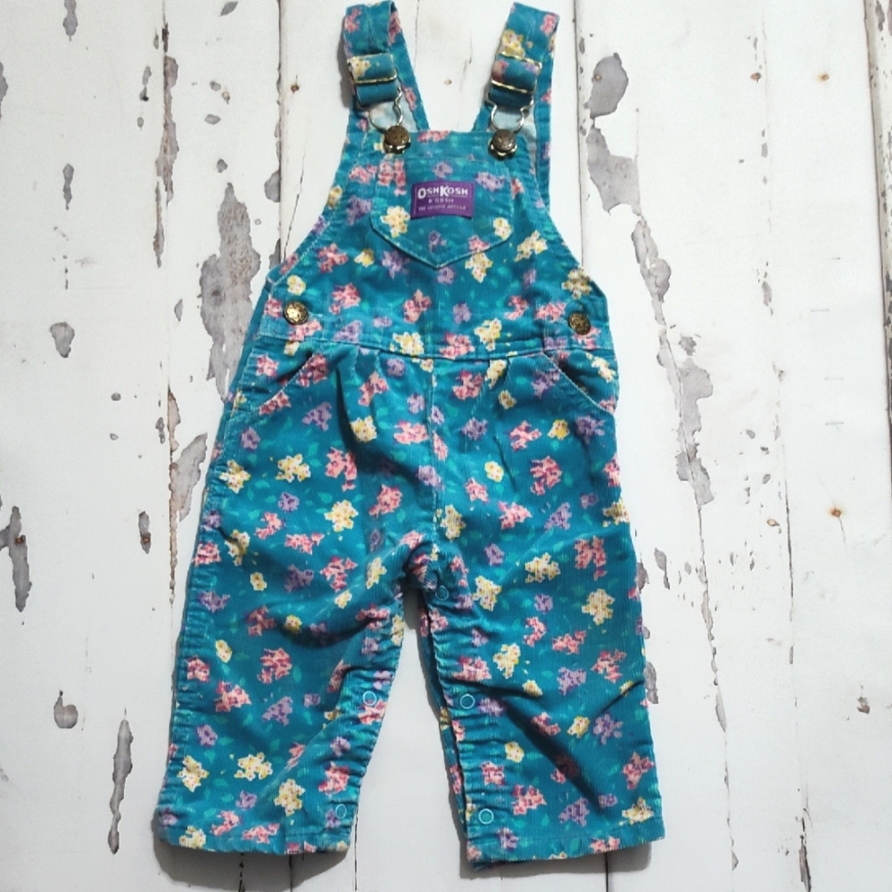 Vintage OshKosh B'gosh teal Blue Floral Overalls 12m - Picture 1 of 5